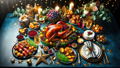 Festive feast: roast turkey, vegetables dishes,cheese board and sauces.Concept of Christmas or New Year dinner.