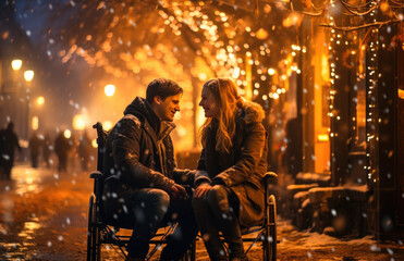 Young couple with disabilities in wheelchairs joyfully converse and laugh on the street during a festive Christmas evening