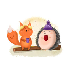 Squirrel and hedgehog drinking tea in autumn forest