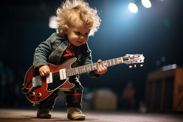 Obraz premium Little kid rock star playing electronic guitar on stage, emotion enjoyment drive, fun smiles and laughter