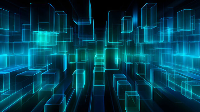 Abstract background of glowing blue-emerald cuboids. Neural network generated image. Not based on any actual person or scene.