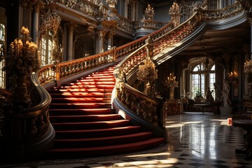 Elegant Staircase in a Grand Hall - obrazy, fototapety, plakaty