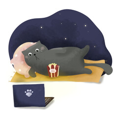 Cute cat watching movie and eating popcorn