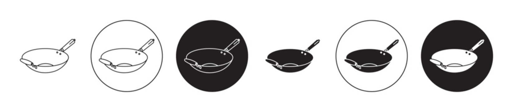 wok icon set. chinese food fry wok vector symbol in black filled and outlined style.