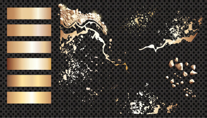 Vector overlay  golden gradients, gold stones and gold  Ink splatters isolated on a dark background. Design elements with grunge frames and patterns