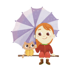 Cute girl and cat sitting under umbrella