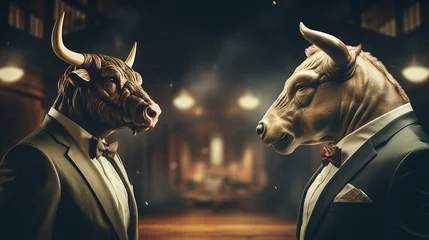 Foto op Plexiglas Bull versus bear in suits facing each other, trading on stock market.  © Ahtesham