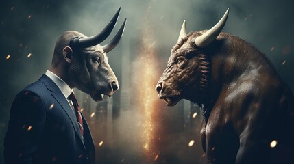 Bull versus bear in suits facing each other, trading on stock market. 
