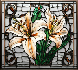 Lily flower in bloom, abstract painting in stained glass style