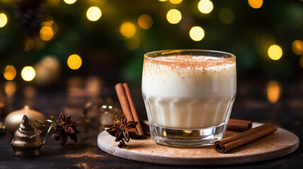 Traditional Christmas drink eggnog with grated nutmeg and cinnamon. Generative AI - obrazy, fototapety, plakaty