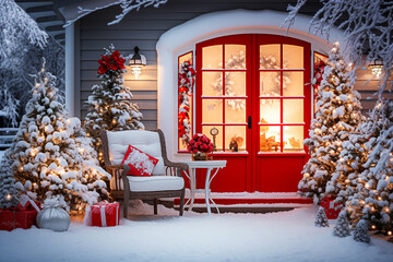 Beautiful red wooden door with Christmas decorations on the porch. Selective focus - obrazy, fototapety, plakaty