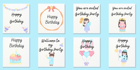 Set of birthday greetings and invitation cards in watercolor.