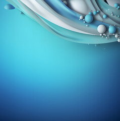 Blue background with 3d bubbles and waves of gradient shade of gray color. Abstract concept.