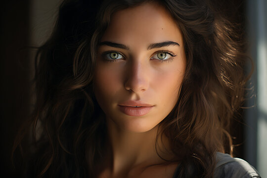 Retrato de mujer, seria, con pelo moreno