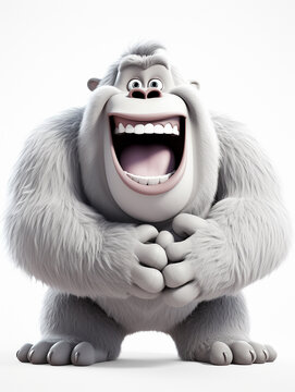 A 3D Cartoon Gorilla Laughing and Happy on a Solid Background