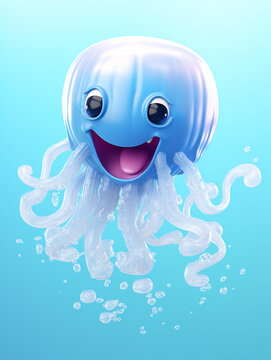 A 3D Cartoon Jellyfish Laughing and Happy on a Solid Background