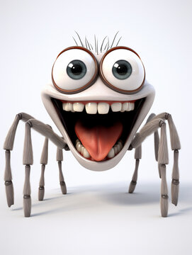 A 3D Cartoon Spider Laughing and Happy on a Solid Background