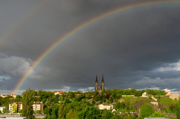 A rainbow over Vysehrad Castle in Prague, the Czech Republic