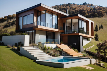 Fototapeta premium Luxury Modern House exterior evening view with interior lighting on the hill.