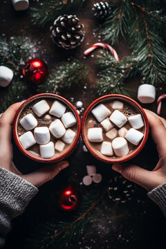 people's hands hold cups with cocoa and marshmallows. new year background. Generative AI