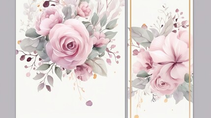 Free photo set of flower arrangements flower maroon green leaves and gold floral illustration for wedding card - obrazy, fototapety, plakaty