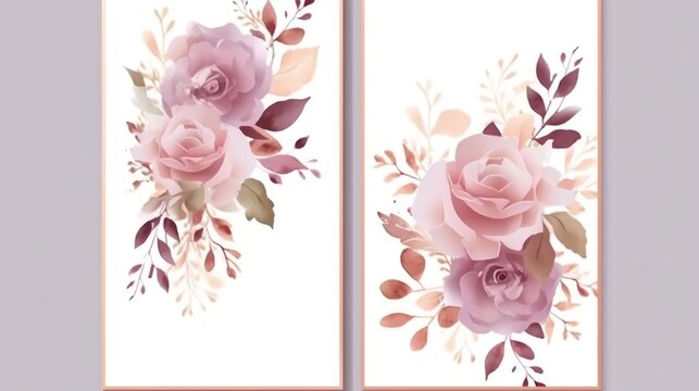 Free photo set of flower arrangements flower maroon green leaves and gold floral illustration for wedding card