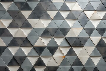 Arrangement of mosaic tiles in a polished, triangular shape forming a 3D rendered wall. Background made of stacked concrete bricks with a semi-gloss block finish. Generative AI