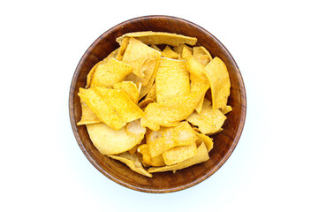 Soya chips in a wooden bowl top view 