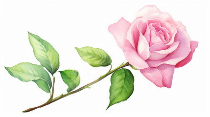 Obraz premium Pink rose flower with leaves spring nature blossom watercolor oaint on white background. Generated AI