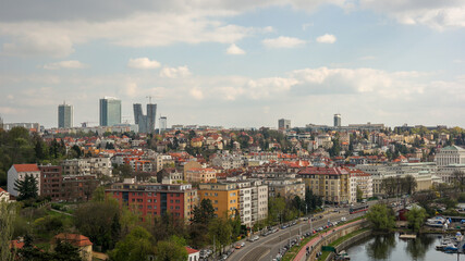 Fototapeta na wymiar The scenery of Pankrac, a modern district with skyscrapers in Prague, Czech Republic