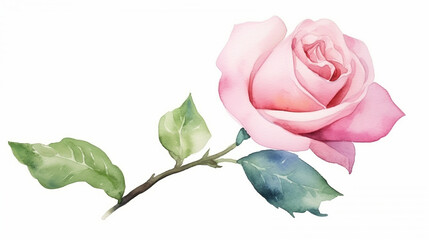 Pink rose flower with leaves spring nature blossom watercolor oaint on white background. Generated AI