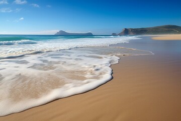 A serene coastal scene with endless blue waves crashing against a sandy beach. Generative AI