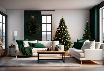 New year tree and gifts in scandinavian style interior with christmas decoration. AI generated.