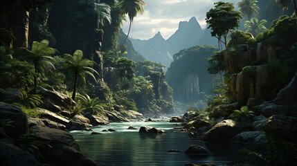 amazon rainforest with tropical vegetation, a creek runs through a mysterious jungle, a mountain stream in a lush green valley