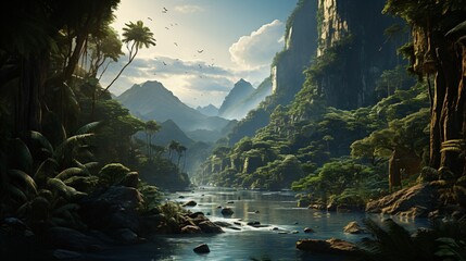 amazon rainforest with tropical vegetation, a creek runs through a mysterious jungle, a mountain stream in a lush green valley - obrazy, fototapety, plakaty