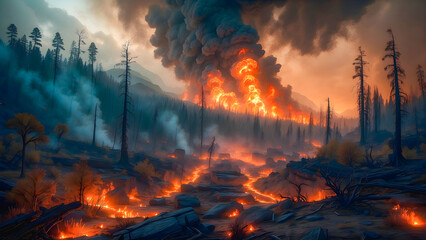 AI-generated photo of wildfire with flames and smoke filling up the sky - obrazy, fototapety, plakaty