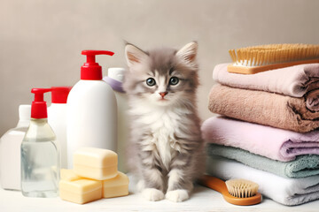 Adorable kitten sitting among fluffy towels and hair care products