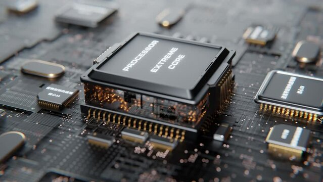 Computer chip on the motherboard in a 3D animation