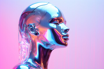 Futuristic Woman with Closed Eyes and LED-Like Colors, Holographic Cyber Woman with Iridescent Colors, Futuristic Woman, Robot Aesthetics, LED-Style Colors, Closed Eyes, Metallic Skin - obrazy, fototapety, plakaty