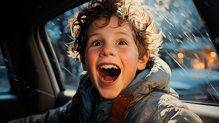 happy little boy playing with car in the winter forest. happy kid having fun with winter holidays in winter, winter holidays and vacation
