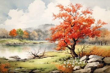 Enchanting spring landscape depicted in a vintage watercolor illustration. Generative AI