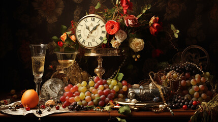 New Year's Eve, vintage still life party decoration. Generative AI