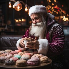 Santa Claus eats donuts in a cafe. A treat for a fairy tale character, an illustration of a...