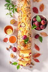Tasty plum yeast cake made of fruits and sugar.