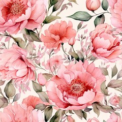 Vintage floral watercolor pattern with flowers on light background. Chrysanthemum, rose, peony. Botanical art in oriental style. Design for textile, interior, poster, wallpaper, print
