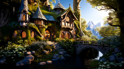Obraz premium Halloween castle with a pond in the fantasy forest. A fairy tale forest wooden house covered with moss, on a sunny forest glade. Generative AI technology.