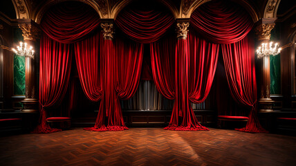 stage with red silk curtains and velvet curtains - obrazy, fototapety, plakaty