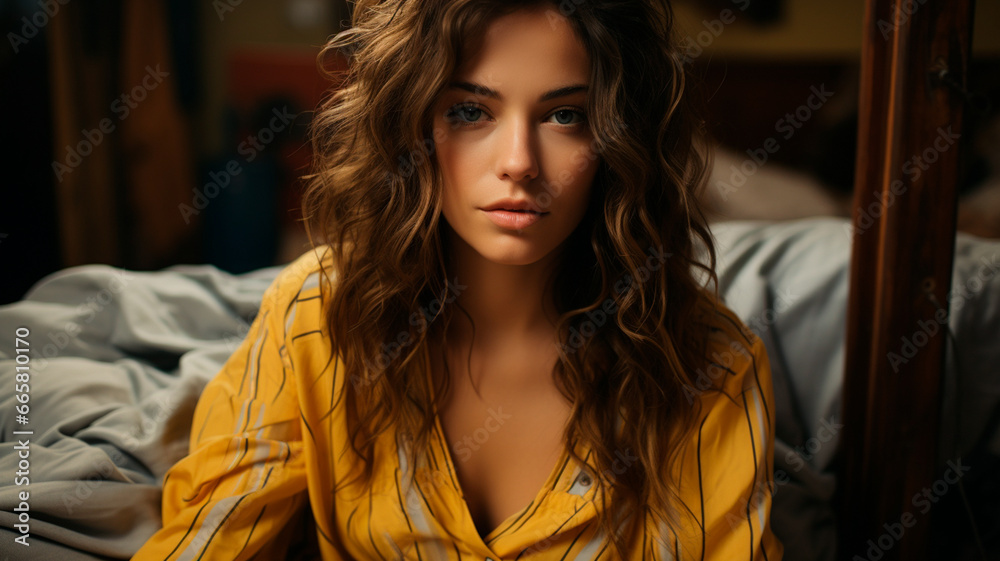 Poster portrait of young beautiful woman in the morning.