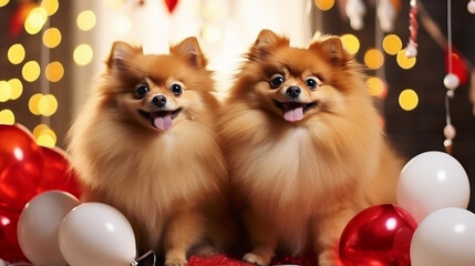 Fototapeta na wymiar Happy New Year. Dogs in Santa hats and just holiday dogs.holiday. Generative AI
