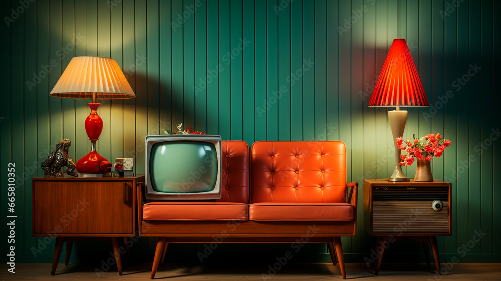 Canvas Prints vintage interior with tv and chair